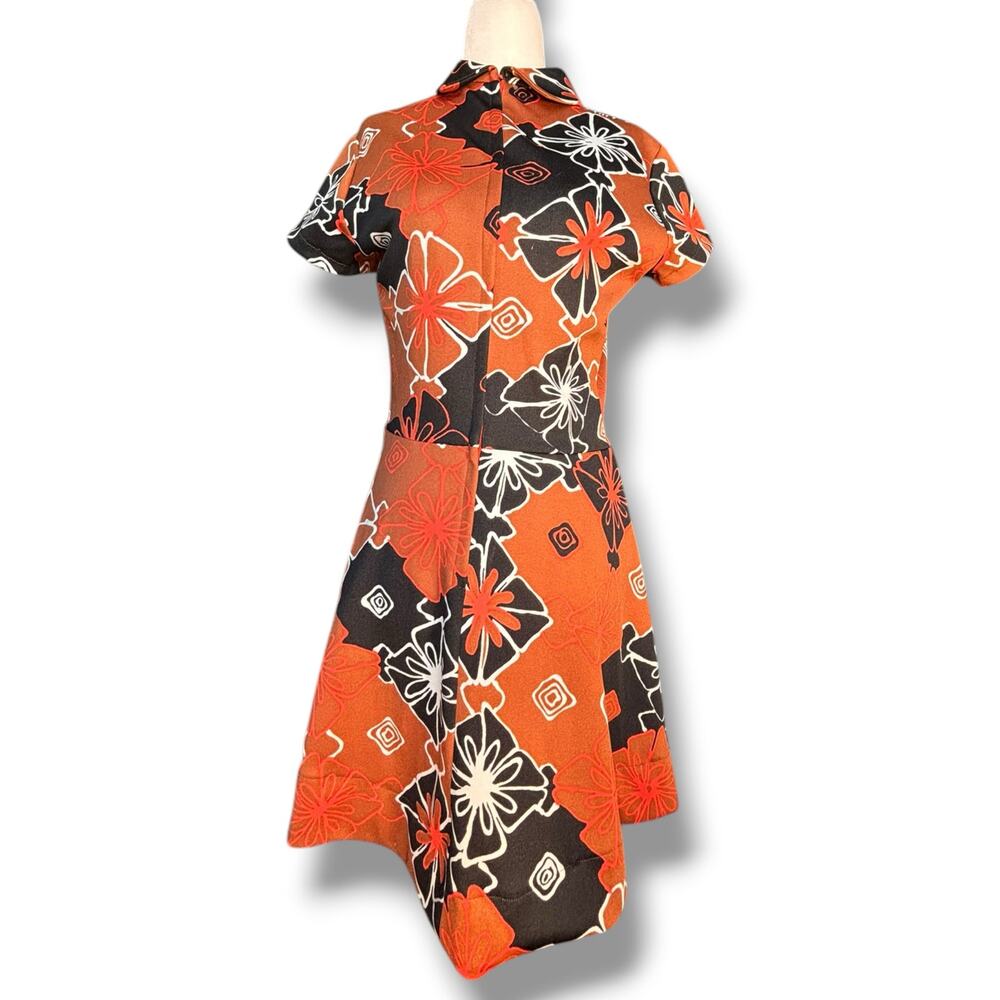Sears Fashions Mod Floral Mini Dress Orange Black 60s 70s A Line Short Sleeve - Picture 10 of 11